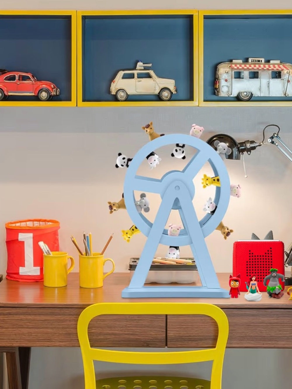 Magnetic Spinning Sky Blue Wooden Ferris Wheel Shelf For Tonie Box & Characters